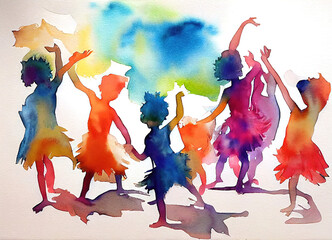 Children dancing - Loose, expressive Watercolor Illustration. Generative AI.