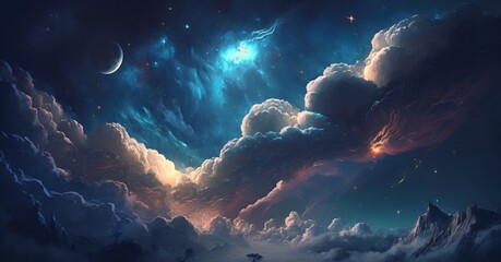 Wall Mural - Night sky with stars and clouds. Space art background. Dreaming of stars surreal illustration wallpaper. Generative AI.