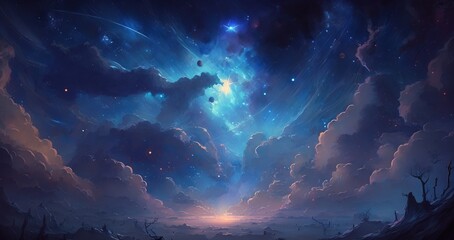 Wall Mural - Night sky with stars and clouds. Space art background. Dreaming of stars surreal illustration wallpaper. Generative AI.