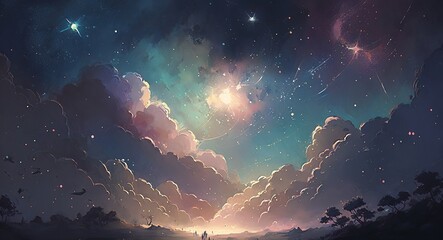 Wall Mural - Night sky with stars and clouds. Space art background. Dreaming of stars surreal illustration wallpaper. Generative AI.