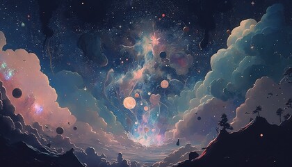 Wall Mural - Night sky with stars and clouds. Space art background. Dreaming of stars surreal illustration wallpaper. Generative AI.