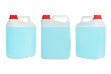 Wall Mural - Plastic canister with light blue liquid on white background, different sides