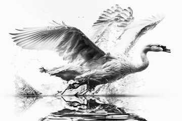 Wall Mural - double exposure of flying swan on white background, created with generative ai