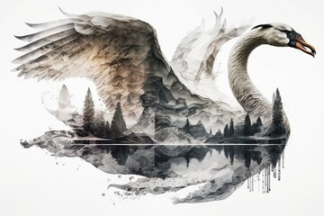 Wall Mural - double exposure of flying swan on white background, created with generative ai