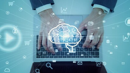 Poster - A man using a laptop PC and Artificial intelligence concept. Chat AI.