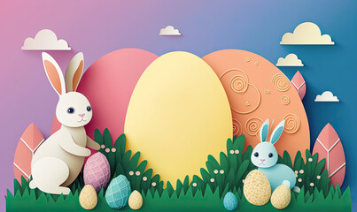 Wall Mural - Paper cut easter eggs background with bunny, colorful easter background with copy space for text, easter wishes, greeting card and banner