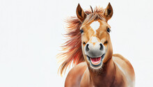 Hand Drawn Watercolor Smiling Horse With Copyspace On White Background. Generative AI.