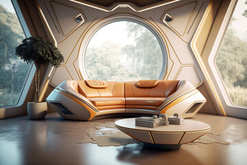 futuristic living room with futuristic sofa and table. generative ai concept