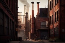A Rustic Brick Wall In An Urban Industrial Setting With Tall Buildings And Smokestacks In The Background., Created With Generative Ai