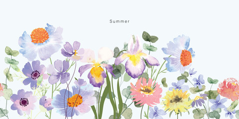 Wall Mural - seamless minimal Hand drawn flowers and leaf vector in Spring and summer collection with watercolor texture