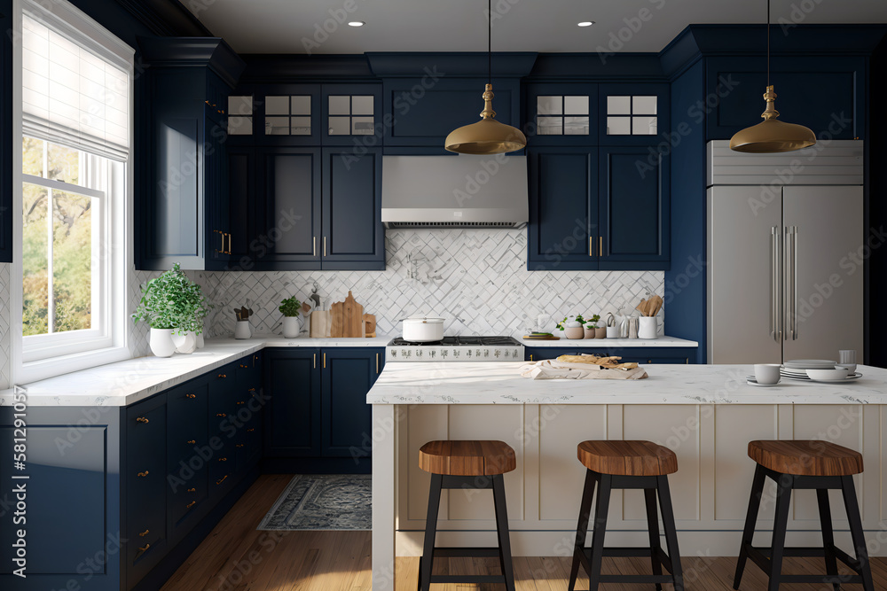 a modern kitchen with a navy blue and white color scheme. The kitchen ...