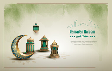 Wall Mural - islamic greeting ramadan kareem card design with beautiful lanterns and crescent