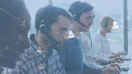 Canvas Print - Animation of network of profile icons over diverse colleagues talking on phone headsets at office