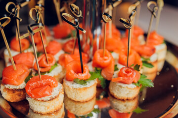 Canape, appetizers, on the table, buffet menu, European cuisine, shrimp, mini burger on a wooden background.