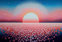 Painting Sunset Body Deep Dots Abstract Sun Flares Dew Fantasy Ocean Horizon Aboriginal Engraving Ethereal Bubbles Art, Generative Ai