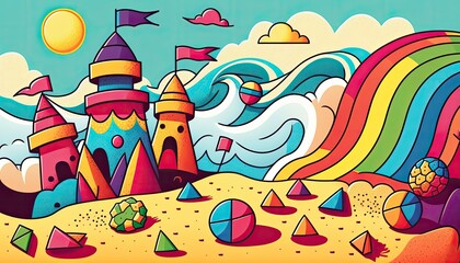 Children's Day Kids Celebration: A beach-themed background with sandcastles, beach balls, and waves , Beautiful Colorful Artistic Designer Background Design Template (generative AI)