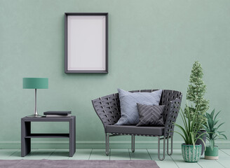 Wall Mural - Single poster frame in a colorful interior room with armchair and furniture. 3d rendering