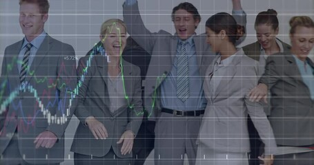 Poster - Animation of graphs and trading boards, diverse coworkers broke free from tape and giving high fives