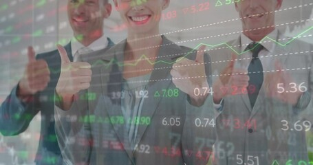 Poster - Animation of trading board over smiling diverse businesspeople standing and gesturing thumbs up