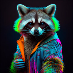 realistic lifelike raccoon in fluorescent electric highlighters ultra-bright neon outfits, commercia