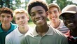 © Get Stock - Group of Diverse and Empowered Multiracial Youth Male High School Students Working Together in Golf : Power of Collaboration in Clubs, Sports Teams (generative AI)