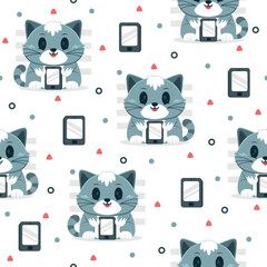 Wall Mural - Cute Kitten with Smartphones Cartoon Vectors Pattern Background.