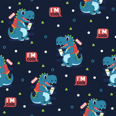 Wall Mural - Cute Dinosaur with Bag Cartoon Vectors Pattern Backgrounds.