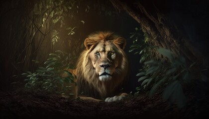 Wall Mural - hidden lion in the forest. created with generative ai.