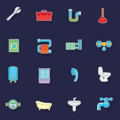 Wall Mural - Bathroom icons set stikers collection vector with shadow on purple background