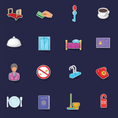 Wall Mural - Hotel icons set stikers collection vector with shadow on purple background