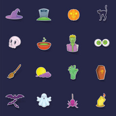 Sticker - Halloween icons set stikers collection vector with shadow on purple background