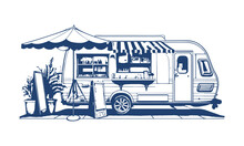 Street Food Truck Trailer. Vector Monochrome Drawing Of A Street Fast Food Truck.