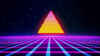 Sticker - Retro cyberpunk style 80s game scene pixel art 8-bit sci-fi background. Futuristic with laser grid landscape. Digital cyber surface style of the 1980`s. 3D illustration