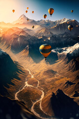 Wall Mural - Colorful hot air balloons flying over mountains. Generative AI