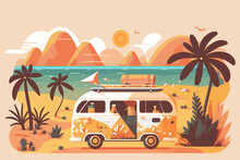 Summer Vacation Surf Bus Flat Vector Illustration. Tropical Beach Retro Surfing Vintage Greeting Card.