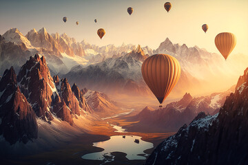 Colorful hot air balloons flying over mountains. Generative AI