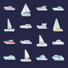 Wall Mural - Yachts icons set stikers collection vector with shadow on purple background
