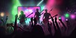 © AU USAnakul+ - Guitarist on a stage playing rock to the crowd of people with scene stage orange purple and yellow lights with colorful smoke rock show performance, people silhouette, Generative AI technology