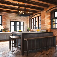 Wall Mural - A rustic kitchen with exposed beams and brick walls1, Generative AI