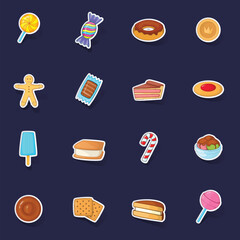 Wall Mural - Different candy icons set stikers collection vector with shadow on purple background