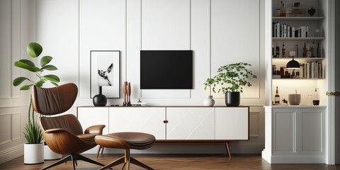 Wall Mural - Living room interior mockup or setup have cabinet for tv and leather armchair in white room