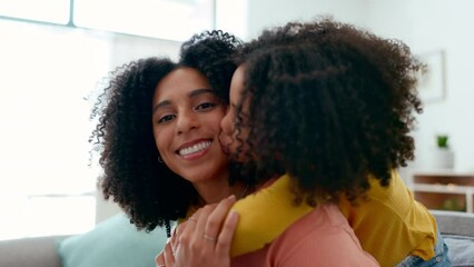 Poster - Face, kiss and piggyback hug by mother with daughter on sofa, happy and play in their home together. Portrait, love and parent with girl on couch, bond and fun with hugging, game and relax on weekend