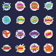 Sticker - Comic sound cloud icons set stikers collection vector with shadow on purple background