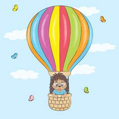 cute hedgehog in a hot air balloon on a blue sky with clouds