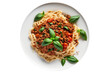 Vegan spaghetti bolognese on isolated transparent background, png. Generative AI
