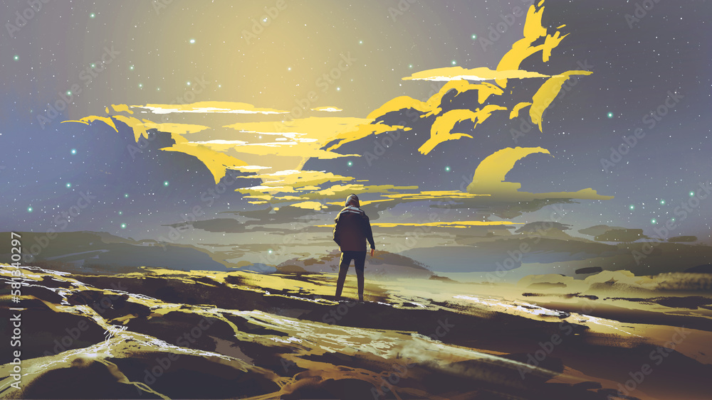 man standing on a hill looking at the stars in the sky at dusk, digital ...