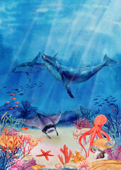 Underwater landscape with coral reef, mana rays, octopus, fish and shells. Seascape, illustration. Ocean water scene with two humpback whales. The bottom of the ocean in the tropics.