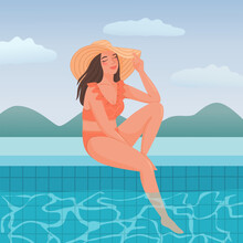 Beautiful Young Woman In Hat Is Sitting In Pool. Girl In Swimsuit Is Sunbathing Under Summer Sun. Vector Illustration Of Vacation.