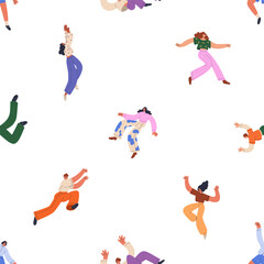 Poster - Flying characters, seamless pattern. Happy free people in funny poses, floating, soaring in air, falling, endless background. Young men, women in flight, repeating print. Flat vector illustration