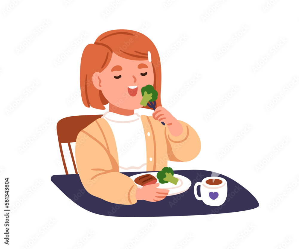 Happy kid eating healthy food. Cute little girl at lunch. Childs wholesome  breakfast meal with broccoli vegetables and meat, tea cup at table. Flat  vector illustration isolated on white background Stock Vector |, image size:1000x833